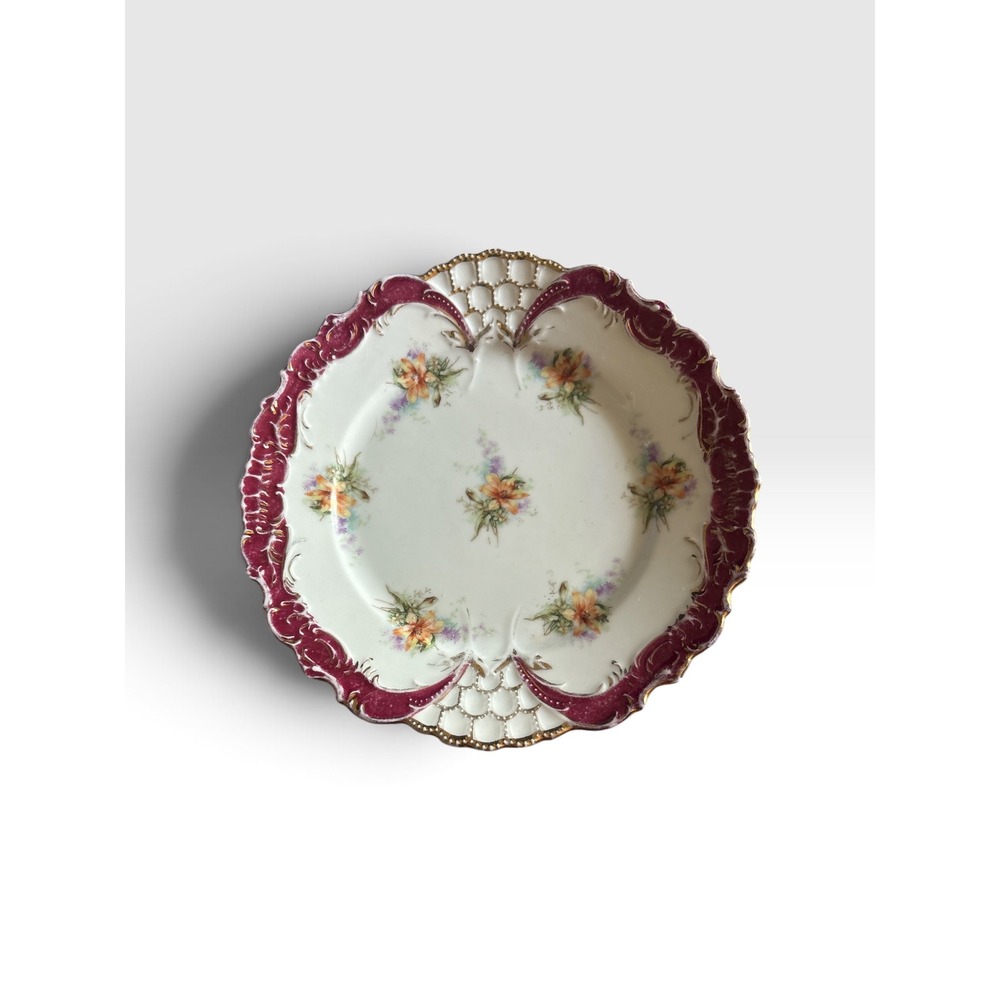 Antique Porcelain Floral Plate Burgundy Scalloped Gold Gilt Reticulated 7.5in